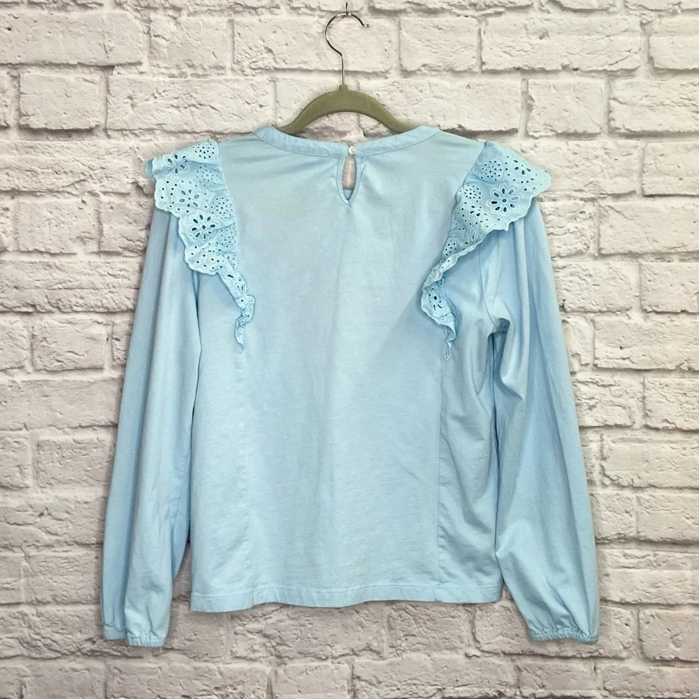 J Crew Womens Long Sleeve Eyelet Ruffle Top Size S Cotton Loose Pullover Blue